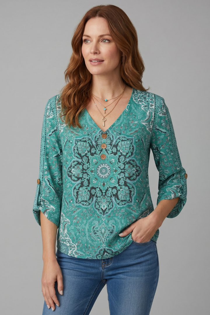 Sona | Women’s Floral Blouse – V-Neck Button-Up Shirt