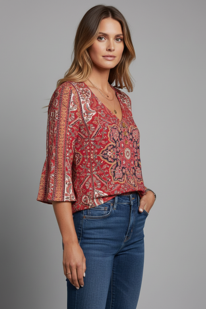 Sona | Women’s Floral Blouse – V-Neck Button-Up Shirt