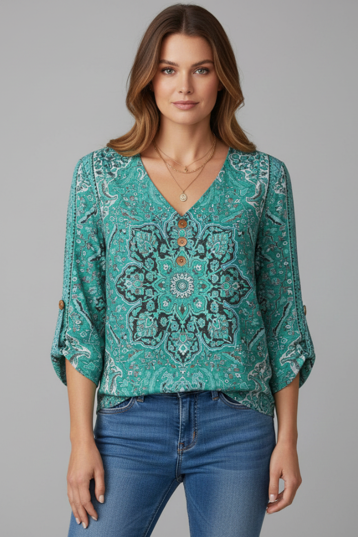 Sona | Women’s Floral Blouse – V-Neck Button-Up Shirt
