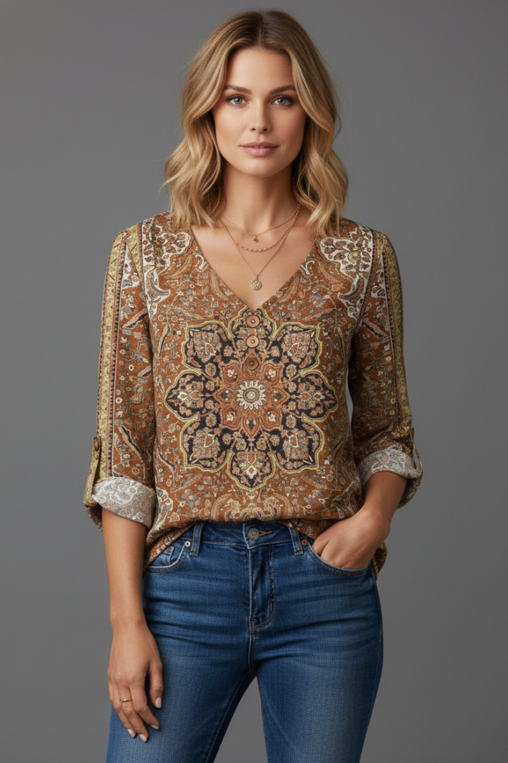 Sona | Women’s Floral Blouse – V-Neck Button-Up Shirt