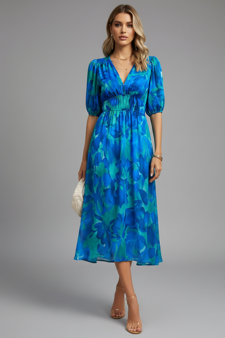 Sorelia | Women’s Floral Midi Dress – V-Neck Puff Sleeve, Shaped Waist, Summer Dress