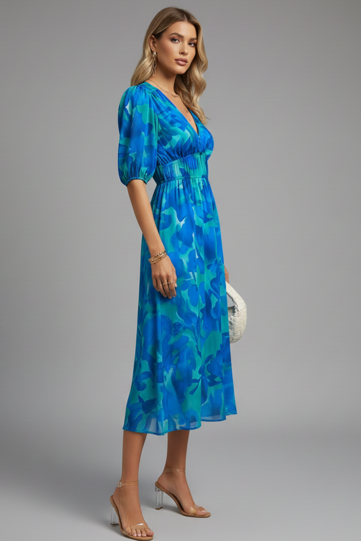 Sorelia | Women’s Floral Midi Dress – V-Neck Puff Sleeve, Shaped Waist, Summer Dress