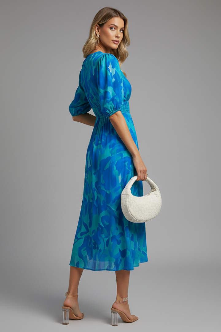 Sorelia | Women’s Floral Midi Dress – V-Neck Puff Sleeve, Shaped Waist, Summer Dress