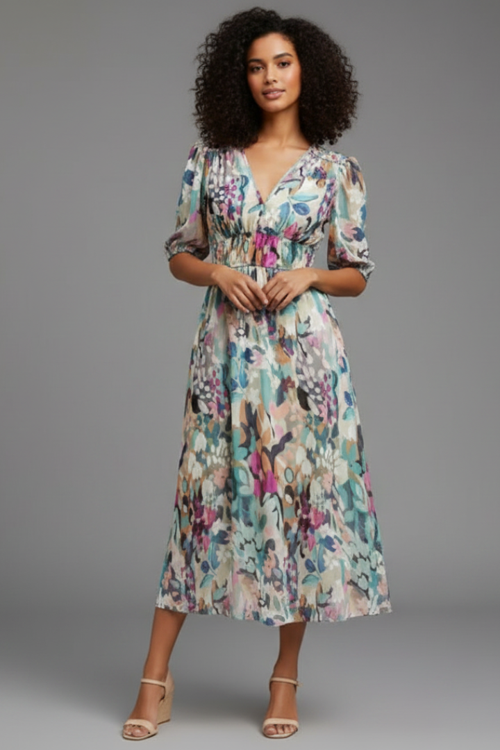 Sorelia | Women’s Floral Midi Dress – V-Neck Puff Sleeve, Shaped Waist, Summer Dress