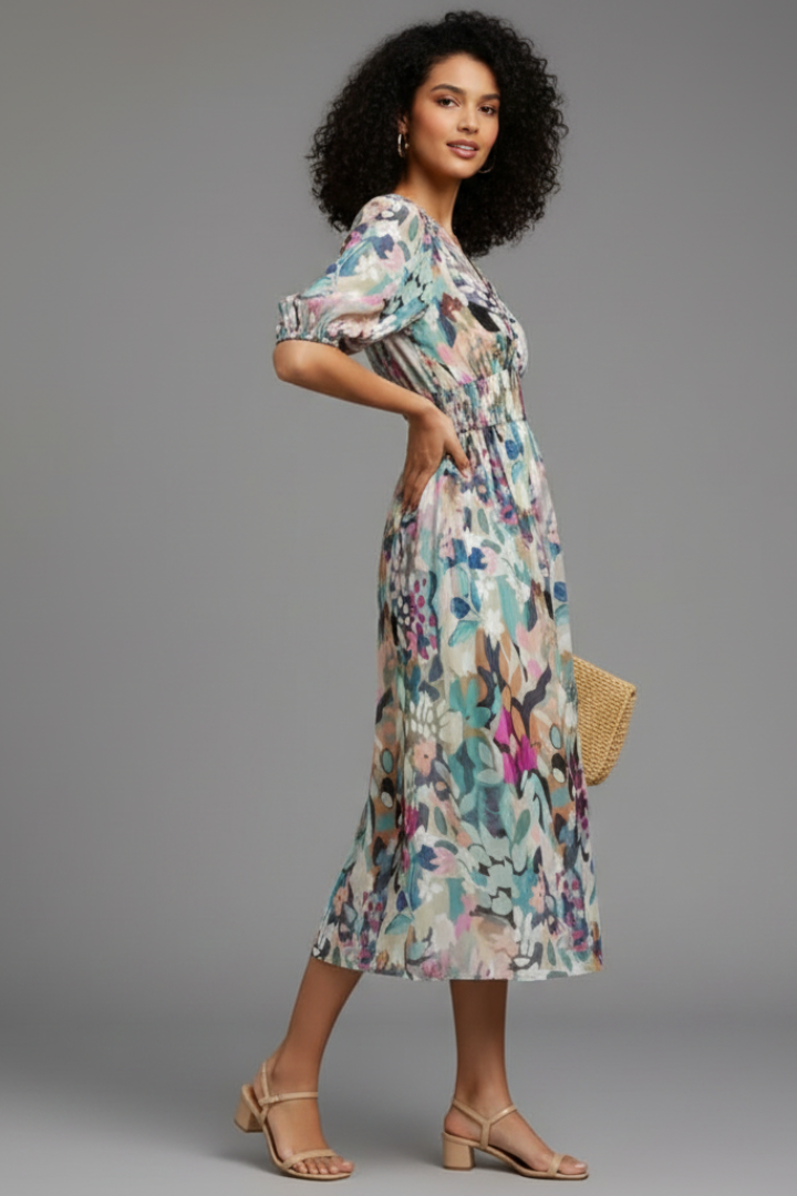 Sorelia | Women’s Floral Midi Dress – V-Neck Puff Sleeve, Shaped Waist, Summer Dress