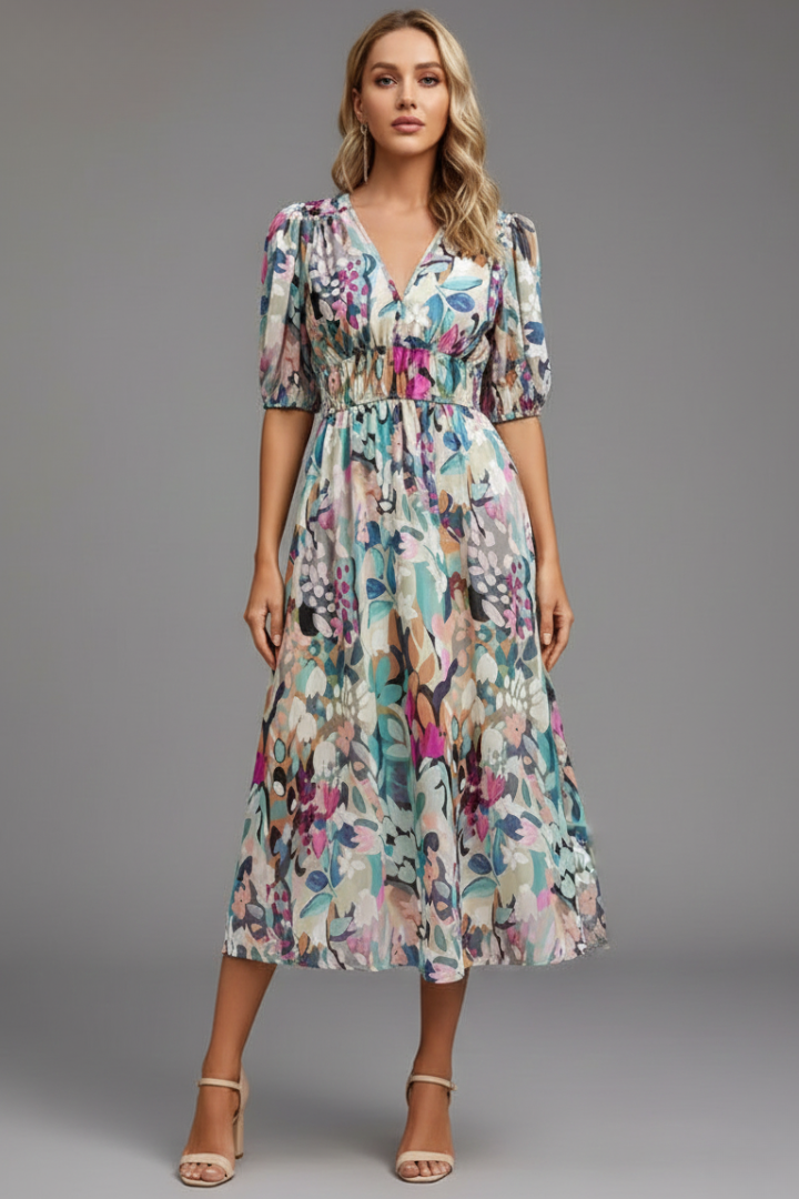 Sorelia | Women’s Floral Midi Dress – V-Neck Puff Sleeve, Shaped Waist, Summer Dress