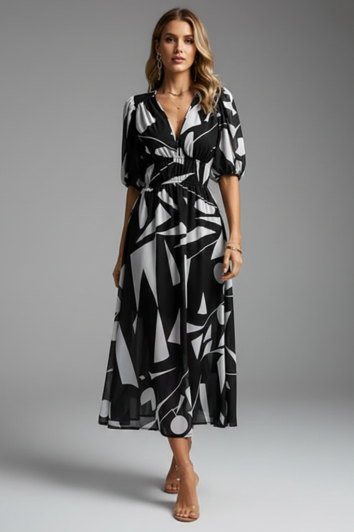 Sorelia | Women’s Floral Midi Dress – V-Neck Puff Sleeve, Shaped Waist, Summer Dress