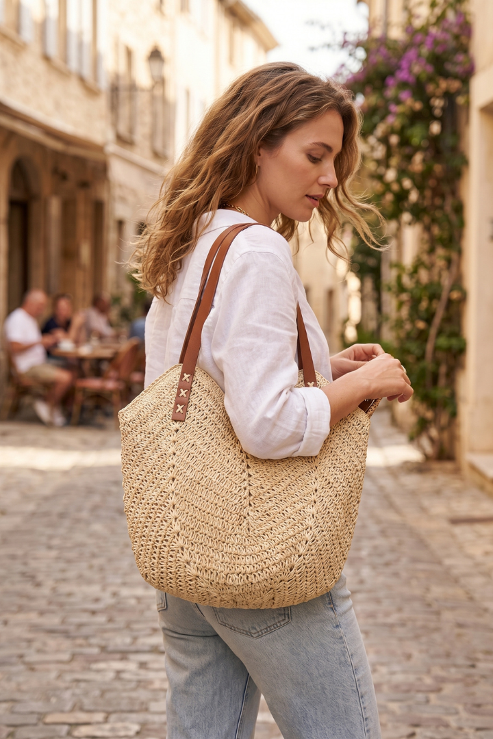 StriaBag | Women’s Woven Straw Tote Bag - Textured Open-Top Summer Beach Shoulder Bag