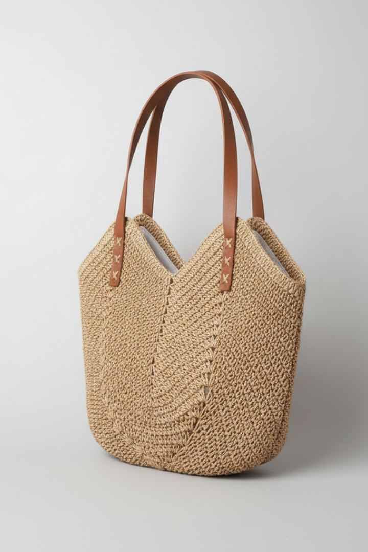 StriaBag | Women’s Woven Straw Tote Bag - Textured Open-Top Summer Beach Shoulder Bag
