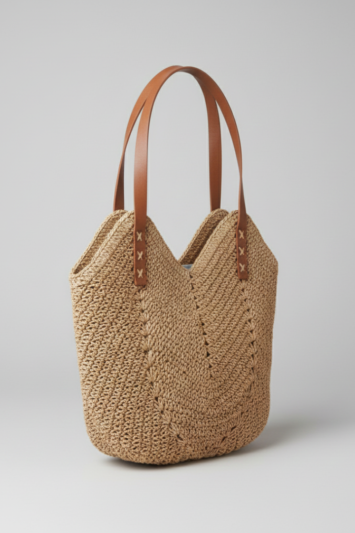 StriaBag | Women’s Woven Straw Tote Bag - Textured Open-Top Summer Beach Shoulder Bag