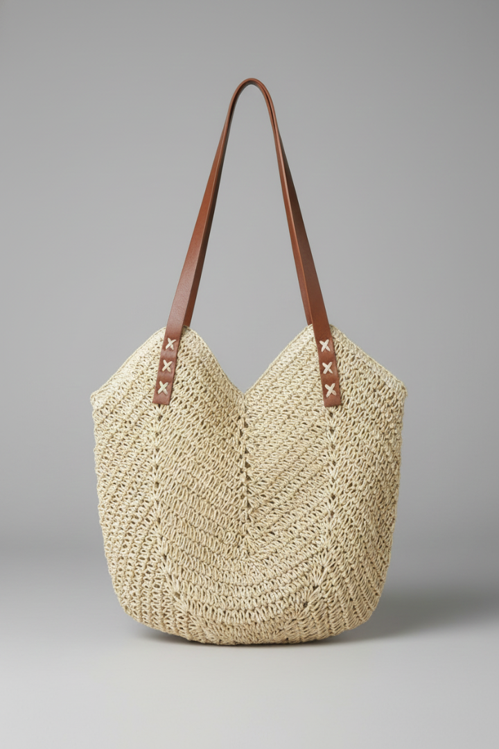 StriaBag | Women’s Woven Straw Tote Bag - Textured Open-Top Summer Beach Shoulder Bag