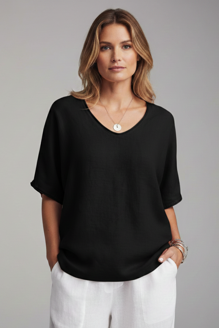 Suri | Women’s Summer Blouse – Round Neck Draped Short Sleeve Relaxed Fit Shirt