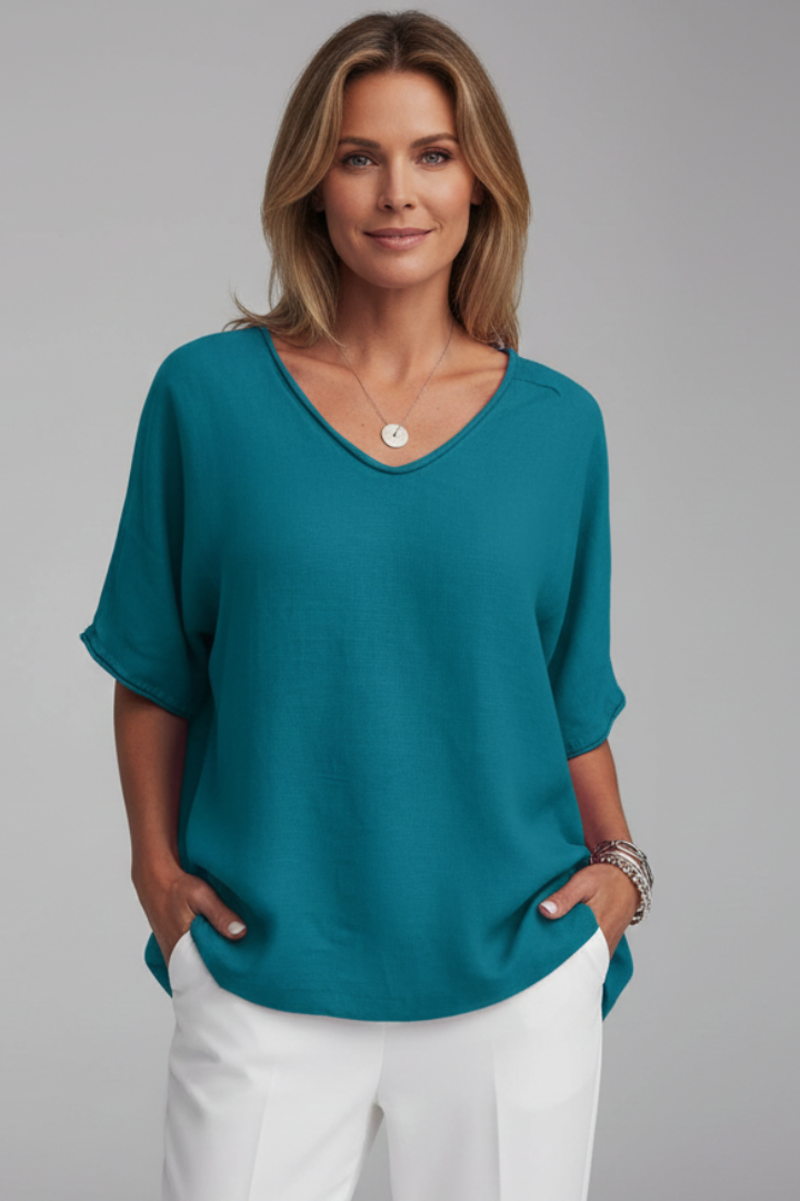 Suri | Women’s Summer Blouse – Round Neck Draped Short Sleeve Relaxed Fit Shirt