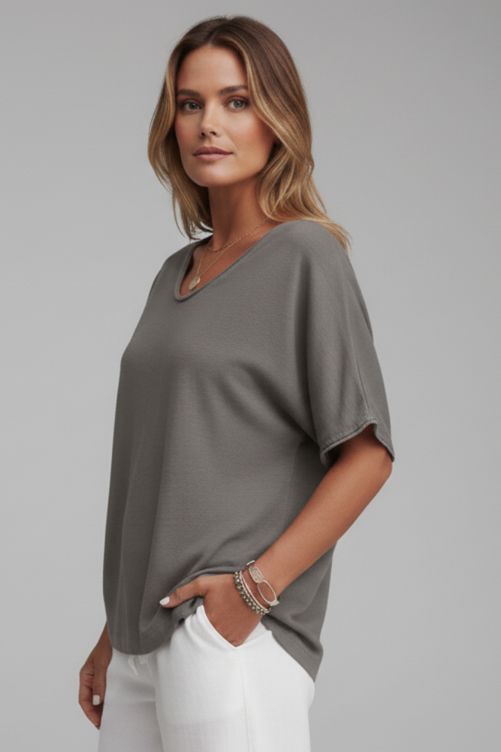 Suri | Women’s Summer Blouse – Round Neck Draped Short Sleeve Relaxed Fit Shirt