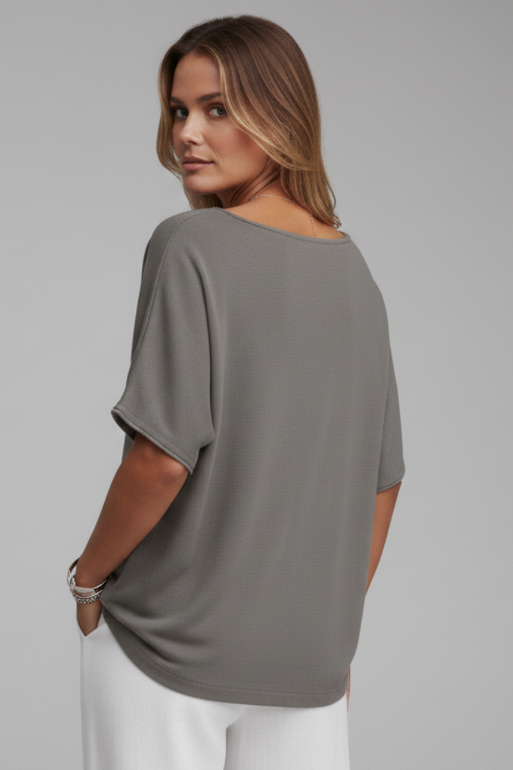 Suri | Women’s Summer Blouse – Round Neck Draped Short Sleeve Relaxed Fit Shirt