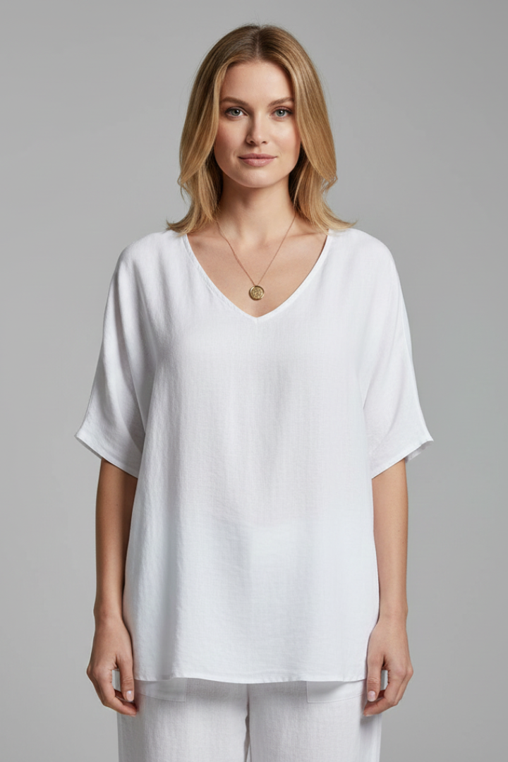 Suri | Women’s Summer Blouse – Round Neck Draped Short Sleeve Relaxed Fit Shirt