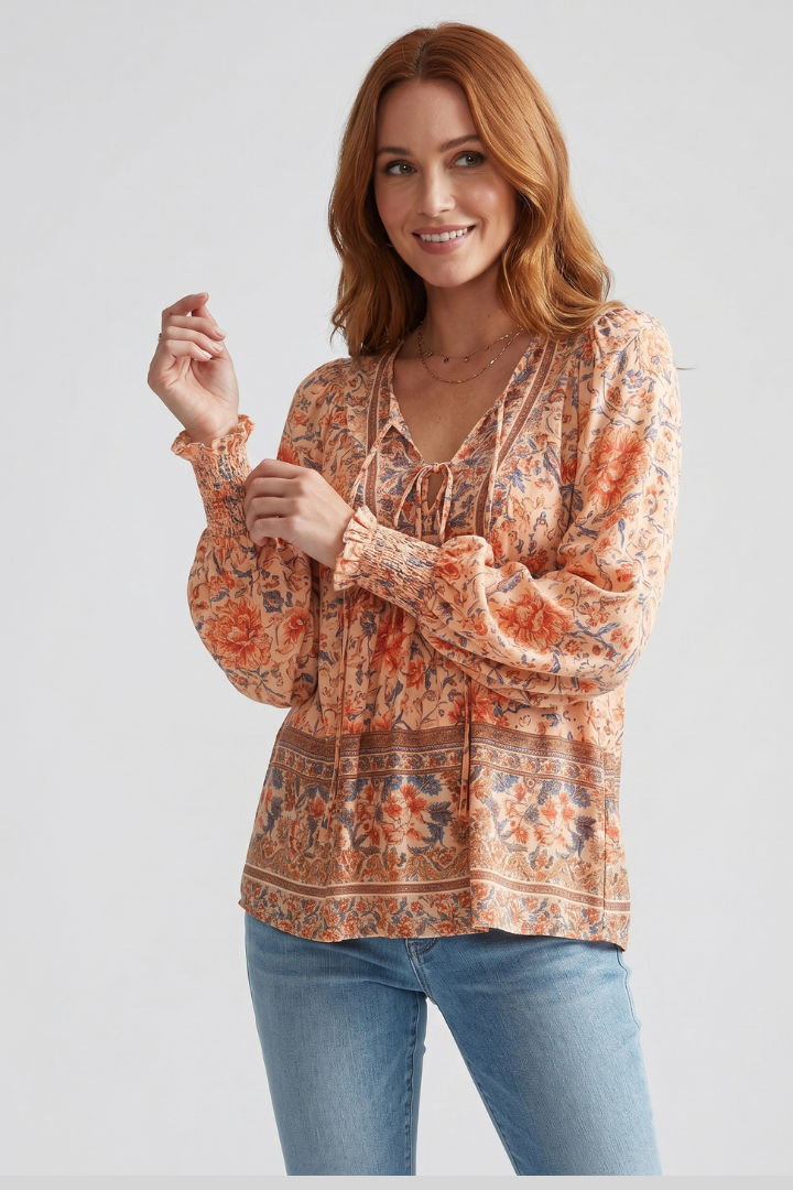 Sylessia | Women’s Boho Floral Blouse – Relaxed Fit Long Sleeve Top with Gathered Cuffs