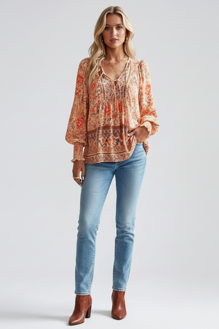 Sylessia | Women’s Boho Floral Blouse – Relaxed Fit Long Sleeve Top with Gathered Cuffs