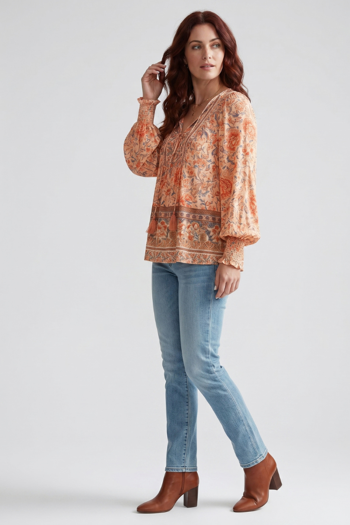 Sylessia | Women’s Boho Floral Blouse – Relaxed Fit Long Sleeve Top with Gathered Cuffs
