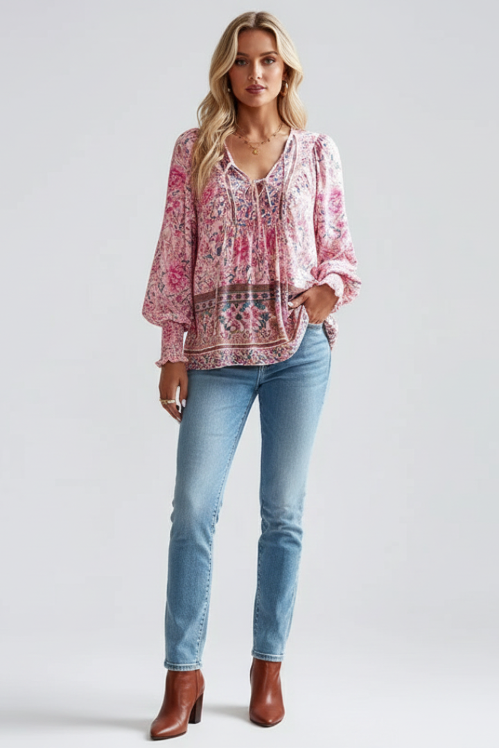 Sylessia | Women’s Boho Floral Blouse – Relaxed Fit Long Sleeve Top with Gathered Cuffs