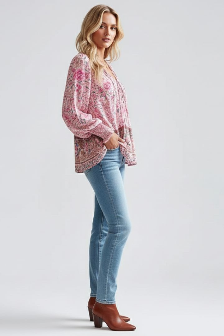 Sylessia | Women’s Boho Floral Blouse – Relaxed Fit Long Sleeve Top with Gathered Cuffs