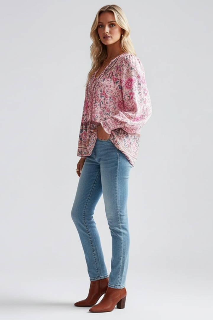 Sylessia | Women’s Boho Floral Blouse – Relaxed Fit Long Sleeve Top with Gathered Cuffs