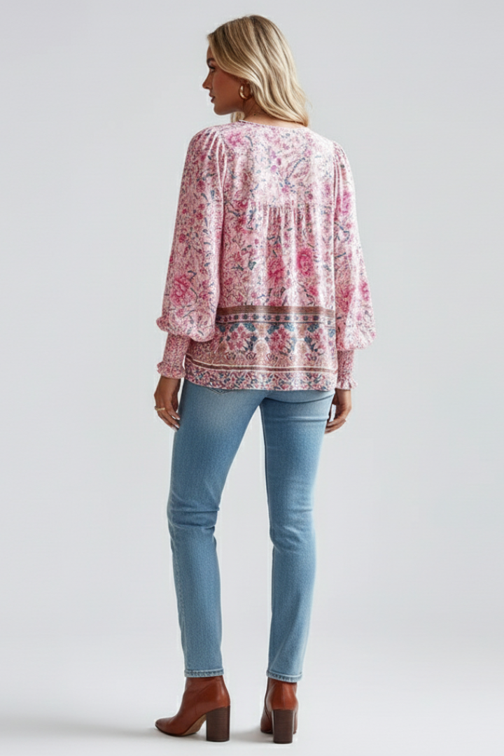 Sylessia | Women’s Boho Floral Blouse – Relaxed Fit Long Sleeve Top with Gathered Cuffs