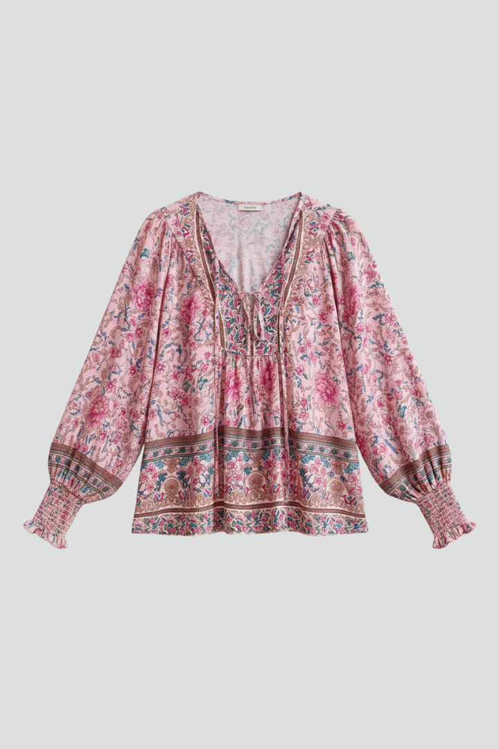 Sylessia | Women’s Boho Floral Blouse – Relaxed Fit Long Sleeve Top with Gathered Cuffs