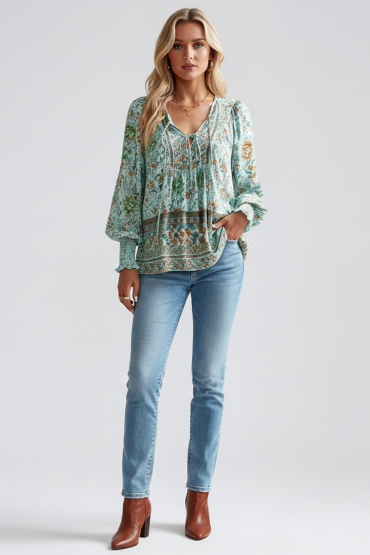 Sylessia | Women’s Boho Floral Blouse – Relaxed Fit Long Sleeve Top with Gathered Cuffs