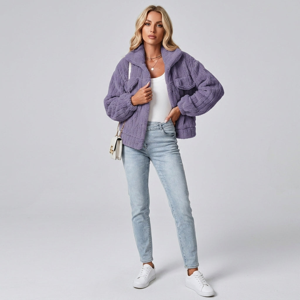 Sylphia | Women's Teddy Jacket – Turn-Down Collar, Long Sleeve Casual Jacket