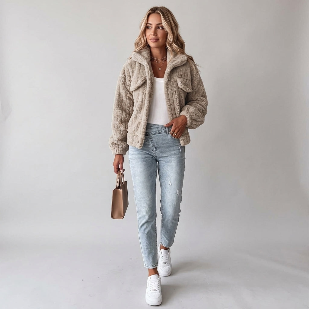 Sylphia | Women's Teddy Jacket – Turn-Down Collar, Long Sleeve Casual Jacket