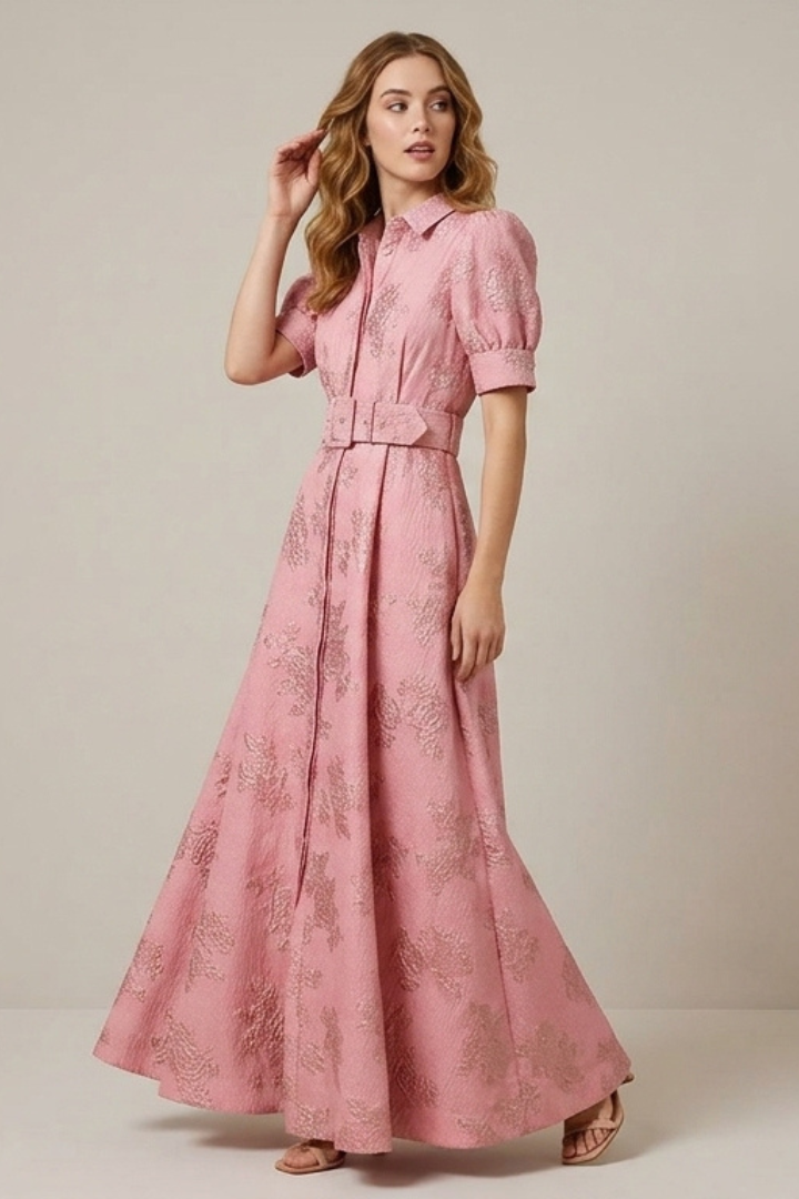 Sylvaine | Women’s Floral Maxi Dress with Waist Belt – Collared Button-Down Short Sleeve Maxi Dress