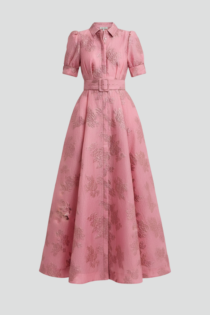 Sylvaine | Women’s Floral Maxi Dress with Waist Belt – Collared Button-Down Short Sleeve Maxi Dress