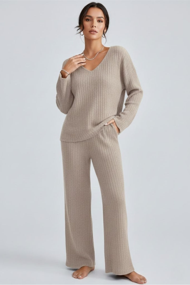 Sylvera | Women’s Ribbed Knit Lounge Set – V-Neck Pullover & Straight Leg Pants