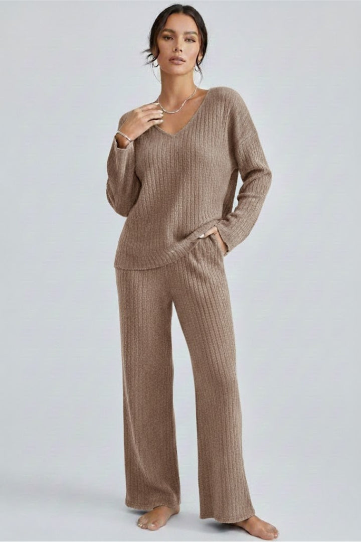 Sylvera | Women’s Ribbed Knit Lounge Set – V-Neck Pullover & Straight Leg Pants