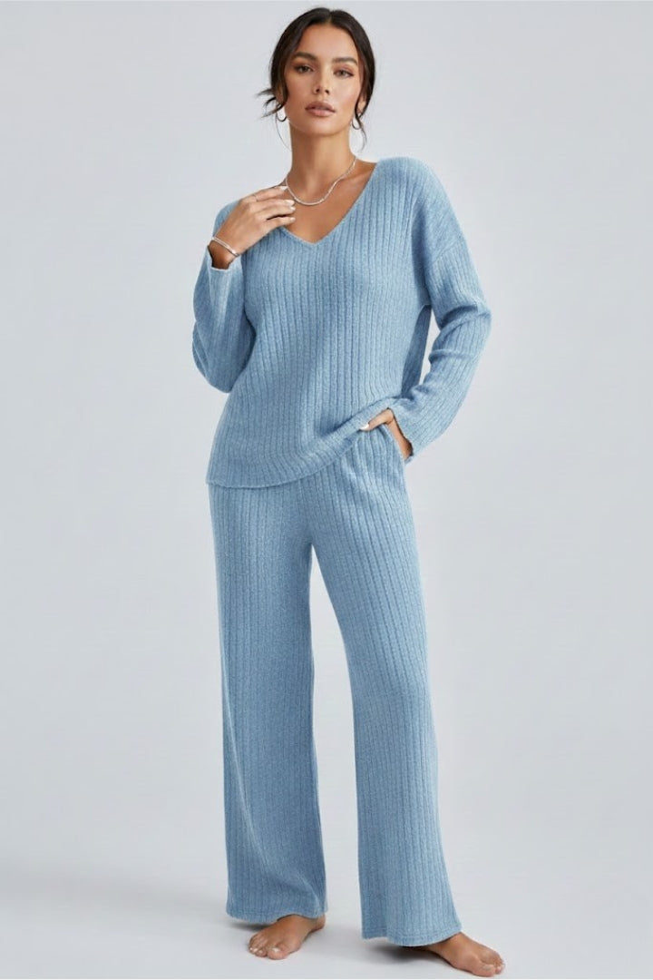 Sylvera | Women’s Ribbed Knit Lounge Set – V-Neck Pullover & Straight Leg Pants