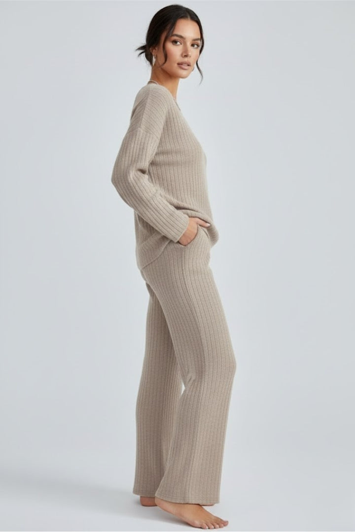 Sylvera | Women’s Ribbed Knit Lounge Set – V-Neck Pullover & Straight Leg Pants