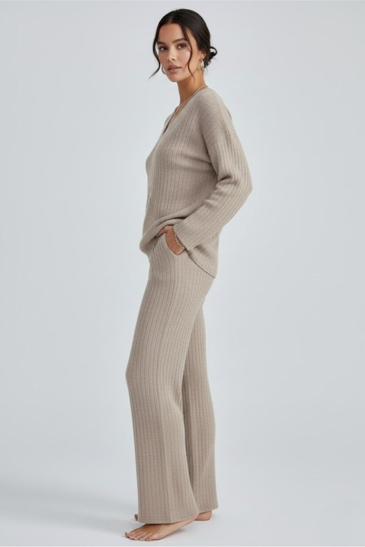 Sylvera | Women’s Ribbed Knit Lounge Set – V-Neck Pullover & Straight Leg Pants