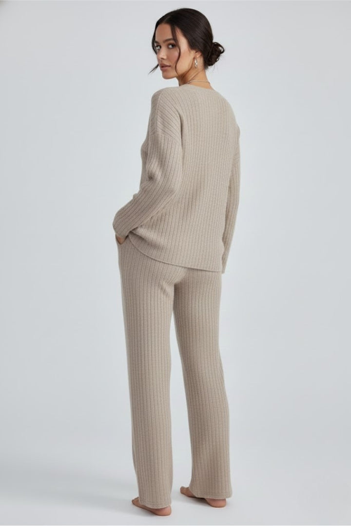 Sylvera | Women’s Ribbed Knit Lounge Set – V-Neck Pullover & Straight Leg Pants