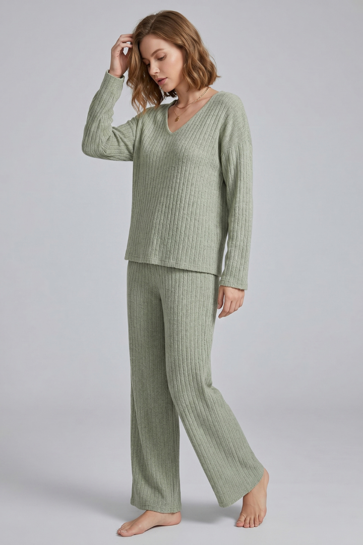 Sylvera | Women’s Ribbed Knit Lounge Set – V-Neck Pullover & Straight Leg Pants