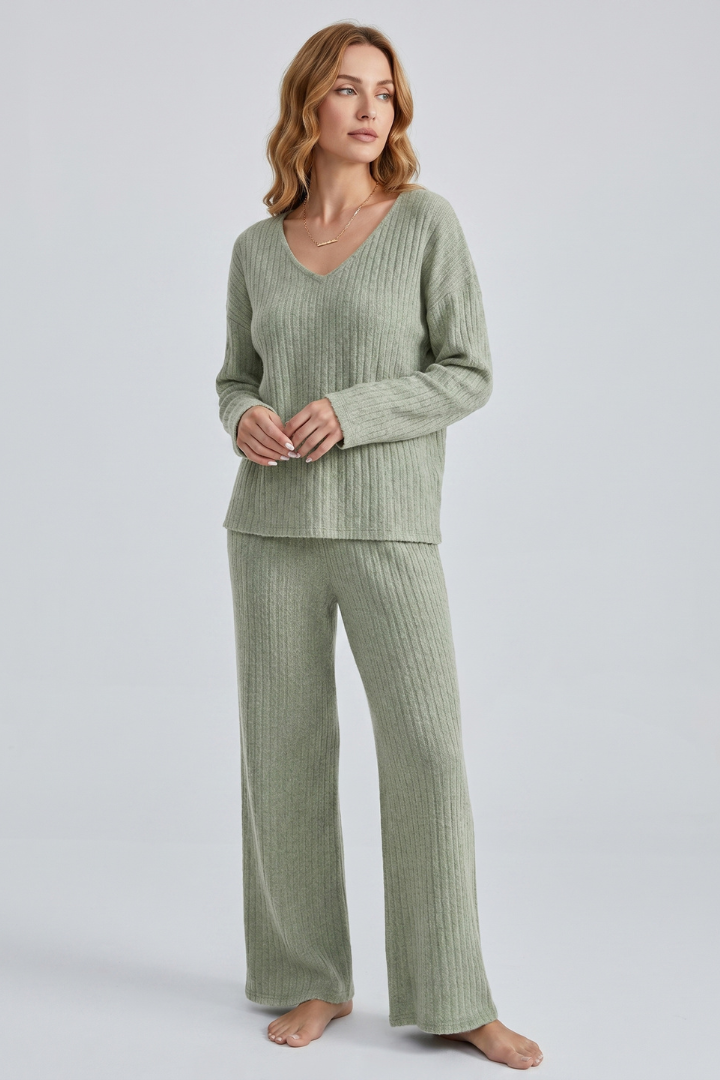 Sylvera | Women’s Ribbed Knit Lounge Set – V-Neck Pullover & Straight Leg Pants