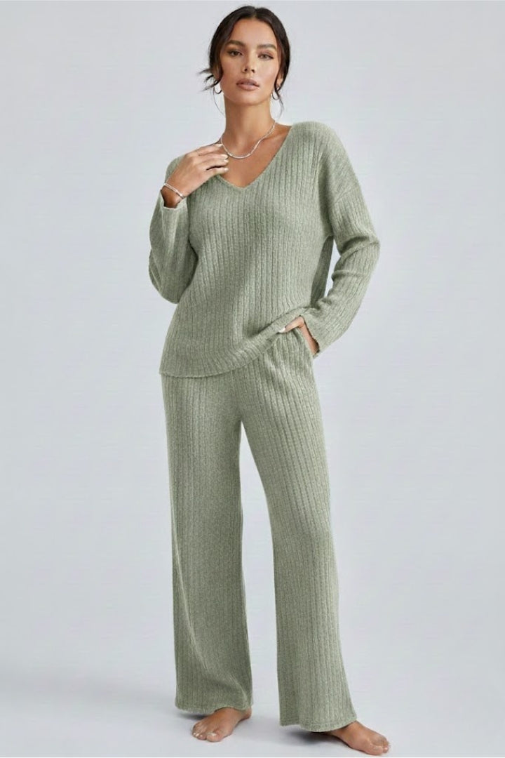 Sylvera | Women’s Ribbed Knit Lounge Set – V-Neck Pullover & Straight Leg Pants