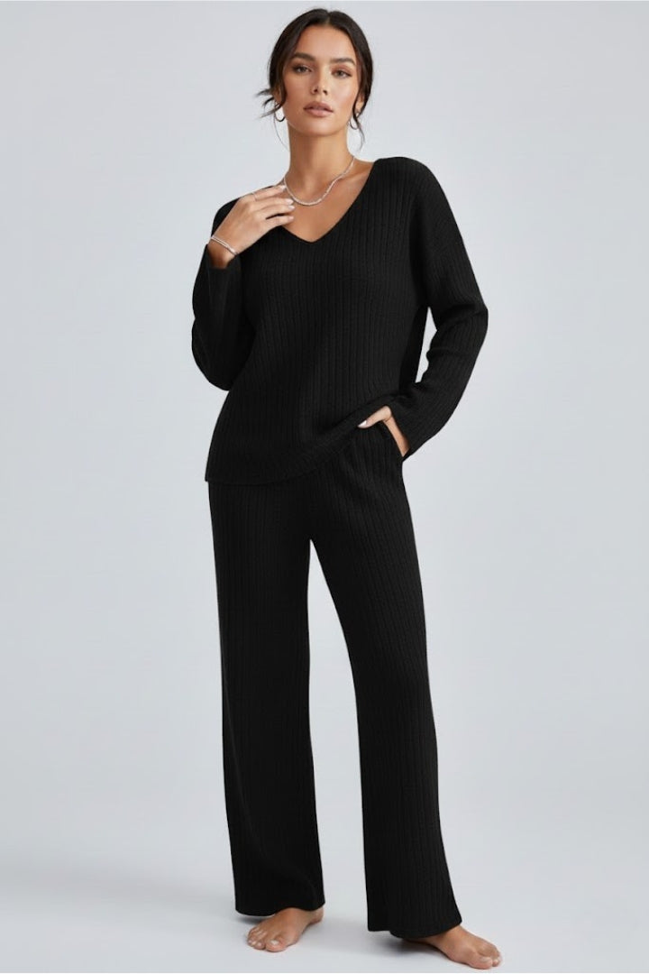 Sylvera | Women’s Ribbed Knit Lounge Set – V-Neck Pullover & Straight Leg Pants