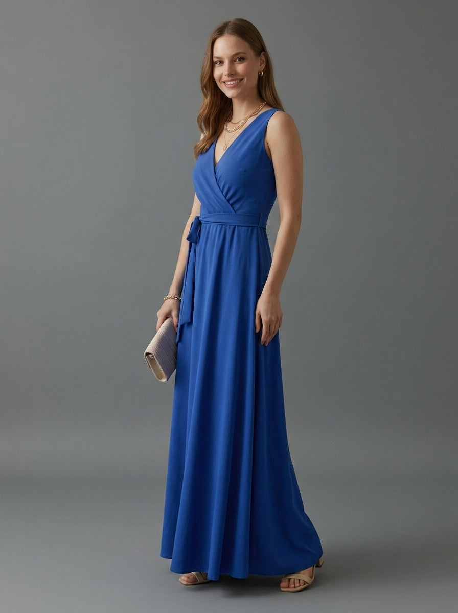 Tessa | Women’s V-Neck Maxi Dress – Sleeveless Floor-Length Dress with Adjustable Tie Waist & Plain Woven Fabric