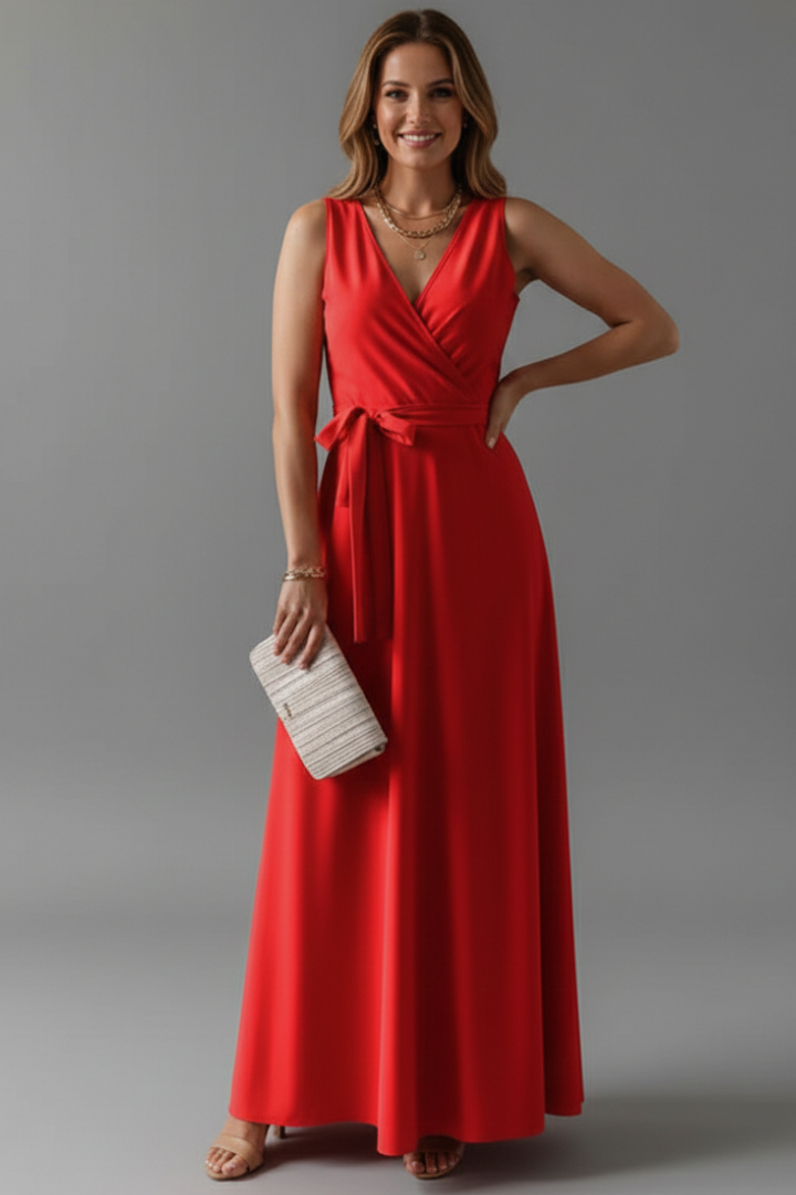 Tessa | Women’s V-Neck Maxi Dress – Sleeveless Floor-Length Dress with Adjustable Tie Waist & Plain Woven Fabric