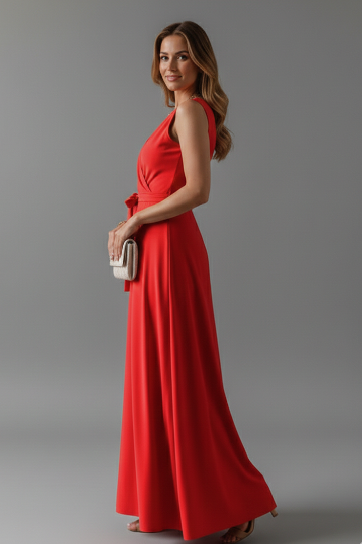Tessa | Women’s V-Neck Maxi Dress – Sleeveless Floor-Length Dress with Adjustable Tie Waist & Plain Woven Fabric