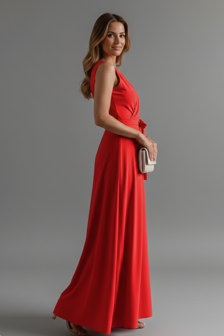 Tessa | Women’s V-Neck Maxi Dress – Sleeveless Floor-Length Dress with Adjustable Tie Waist & Plain Woven Fabric