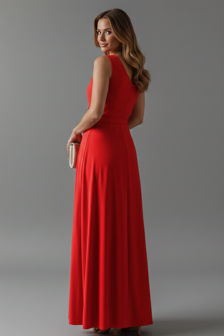 Tessa | Women’s V-Neck Maxi Dress – Sleeveless Floor-Length Dress with Adjustable Tie Waist & Plain Woven Fabric