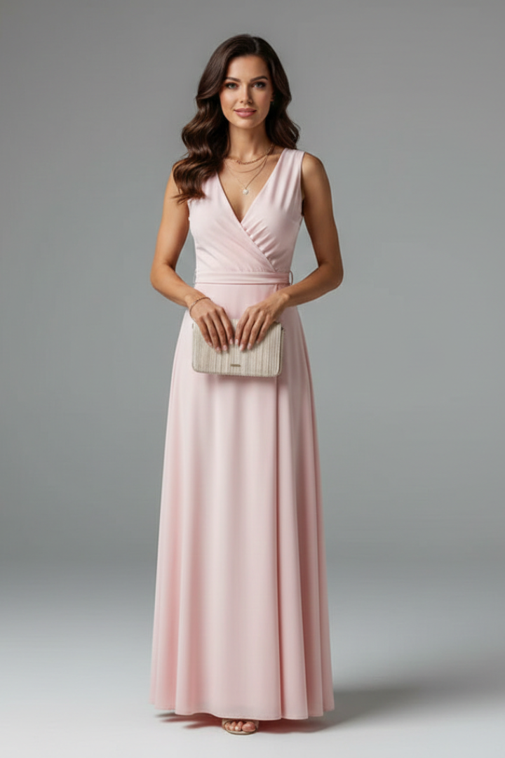 Tessa | Women’s V-Neck Maxi Dress – Sleeveless Floor-Length Dress with Adjustable Tie Waist & Plain Woven Fabric