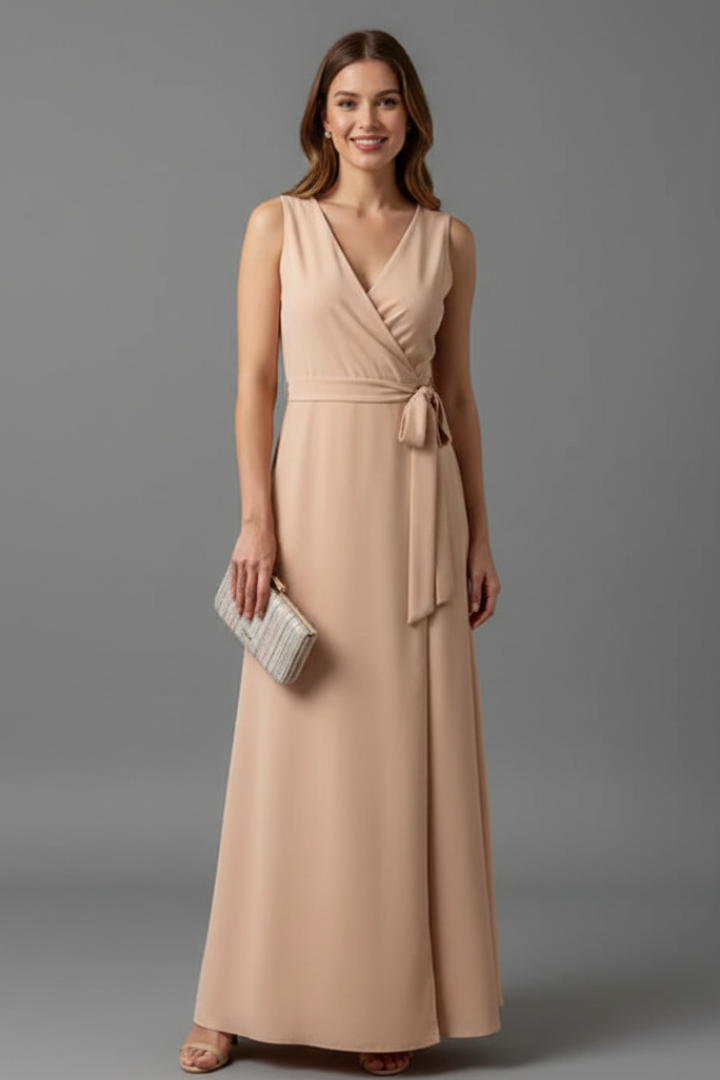 Tessa | Women’s V-Neck Maxi Dress – Sleeveless Floor-Length Dress with Adjustable Tie Waist & Plain Woven Fabric